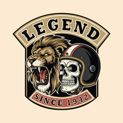 Bold retro emblem featuring roaring lion and skull rider helmet for vintage motorcycle club apparel and edgy brand designs a timeless classic since 1942