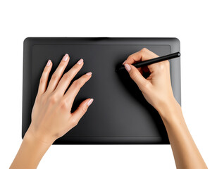 Office worker hands using a graphic tablet for creative work, precise finger placement, isolated on a transparent background, PNG