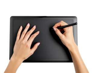 Office worker hands using a graphic tablet for creative work, precise finger placement, isolated on a transparent background, PNG