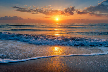 Golden sunrise over calm ocean waves gently rolling onto the sandy shore under a partly cloudy sky during a peaceful morning beach scene