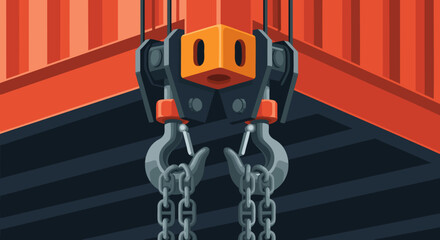 Close-up illustration of a heavy-duty industrial crane hook block with two hooks and chains, against a background of orange and dark grey structures.