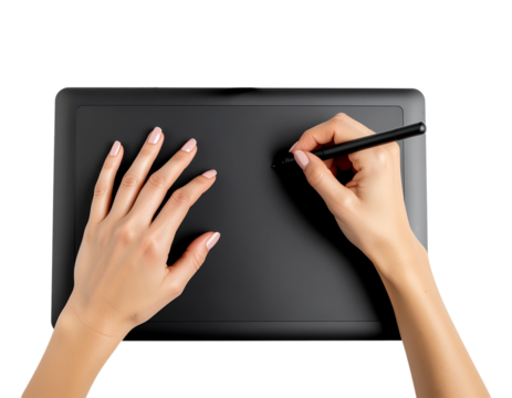 Office worker hands using a graphic tablet for creative work, precise finger placement, isolated on a transparent background, PNG