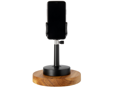 Modern office smartphone stand with phone displaying black, isolated on a transparent background, PNG