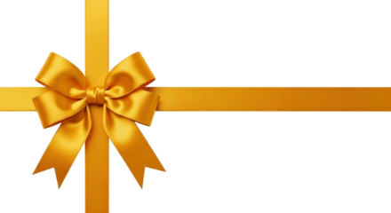 Shiny golden satin ribbon tied in a perfect bow, isolated on transparent background, symbolizing gift, celebration, or award