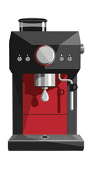 Modern black and red espresso coffee machine with portafilter, illustrated in a flat vector style on a white background.