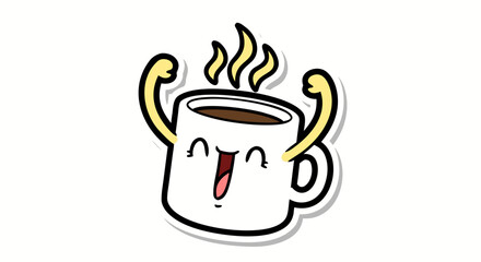 A cute cartoon sticker of a happy, steaming coffee mug flexing its arms in celebration.
