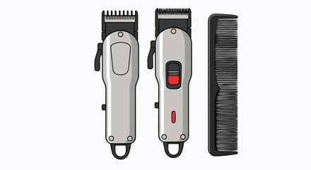 Vector illustration of professional barber tools including electric hair clippers and a comb.