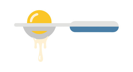 A kitchen egg separator tool with a yolk resting on top and the white dripping below.