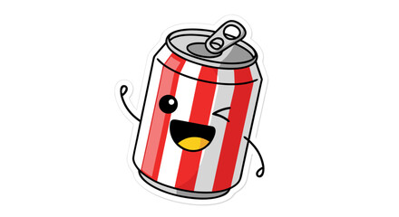 A cute cartoon soda can with red and white stripes, winking and waving happily on an isolated white background.