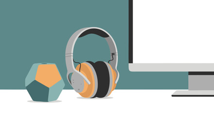 Modern workspace illustration with over-ear headphones, a computer monitor, and a geometric desk accessory.