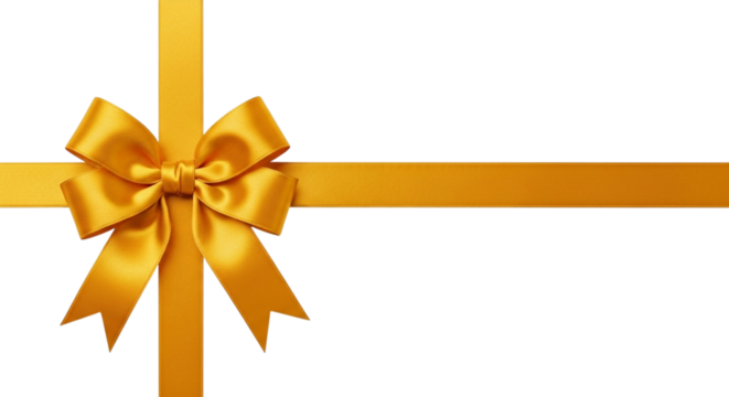 Shiny golden satin ribbon tied in a perfect bow, isolated on transparent background, symbolizing gift, celebration, or award