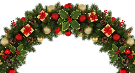 Festive christmas garland arch decoration with green fir branches, red and gold baubles, holly, pinecone, and small wrapped gift boxes isolated on transparent background