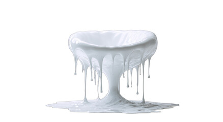 White viscous liquid dripping from a chalice-shaped container onto a surface