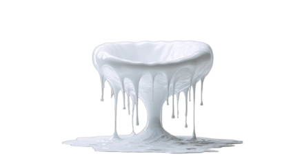 White viscous liquid dripping from a chalice-shaped container onto a surface