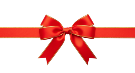 Bright red satin ribbon bow with gold trim centered horizontally on a transparent background, perfect for gift wrapping or decoration