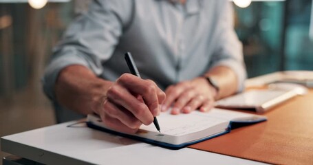 Hands, man and writing notes in office for article research, story planning and publishing schedule. Journalist, person and notebook at agency for column information, creative ideas and news summary