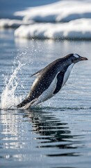 Obraz premium Gentoo penguin leaping from water at Antarctica