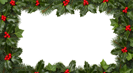 Christmas holly and fir branch border frame with red berry decoration isolated on transparent background for holiday greeting card design element