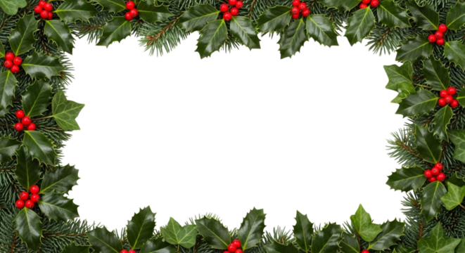 Christmas holly and fir branch border frame with red berry decoration isolated on transparent background for holiday greeting card design element - Powered by Adobe