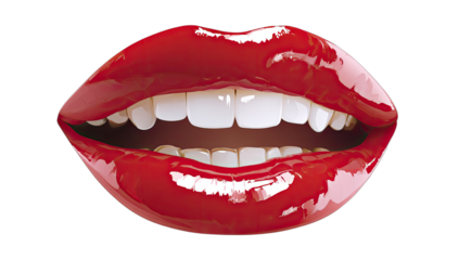 Close-up of vibrant glossy red lips slightly parted revealing white teeth
