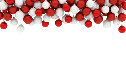 Border of hanging red and white glitter christmas ornament baubles decoration isolated on transparent background for holiday celebration design