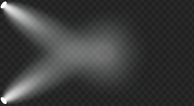 Two bright spotlights shining diagonally from the bottom left corner onto a transparent dark background creating a dramatic effect