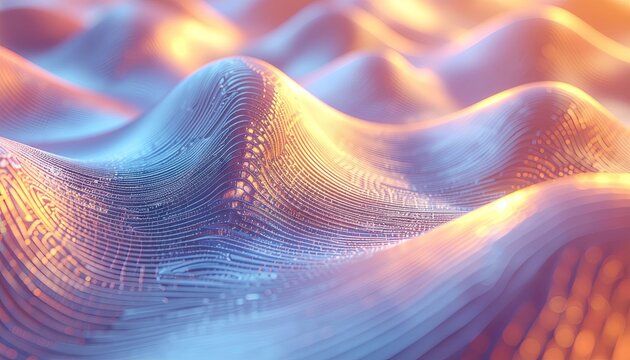 Abstract Digital Landscape with Rippling Waves of Blue and Orange Light Showing Particle Data Visualization and Smooth Gradient Textures