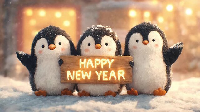 Three adorable fluffy penguins holding a glowing "happy new year" wooden sign in the snow.