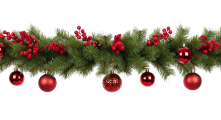Festive green christmas garland decorated with shiny red baubles and bright red holly berries, isolated on transparent background