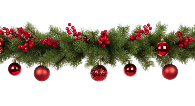 Festive green christmas garland decorated with shiny red baubles and bright red holly berries, isolated on transparent background