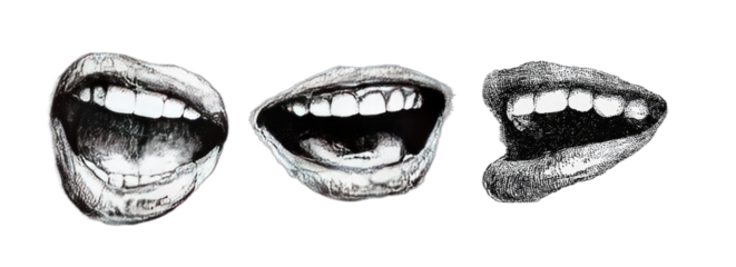 Three monochrome illustrations of open mouths with teeth visible, expressive art