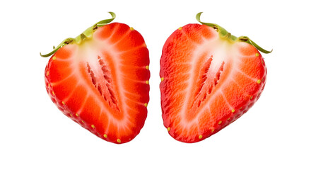 Strawberry halves fresh fruit red strawberries healthy eating cut open close up food photo on transparent background