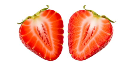 Strawberry halves fresh fruit red strawberries healthy eating cut open close up food photo on transparent background