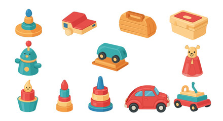 A vibrant and colorful collection of classic children's toys for playtime. Vector set with a car, pyramid, and other playthings