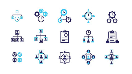 Project Management, Business Organization, and Time Efficiency Icons Set. Hierarchy, Planning, and Team Structure Symbols Vector Illustration