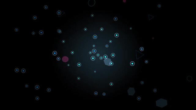 Abstract dark background with glowing blue circles, geometric shapes like hexagons and triangles, and subtle red elements suggesting a digital space or constellation