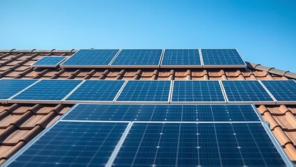 Obraz premium Rooftop solar panels under blue sky, clean energy generation.