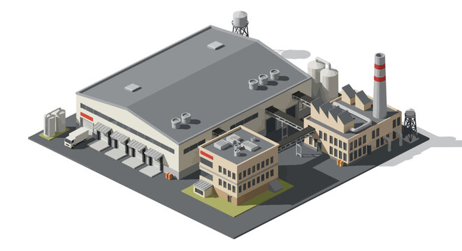 Isometric industrial factory complex with warehouse, manufacturing plant, and modern production facilities layout
