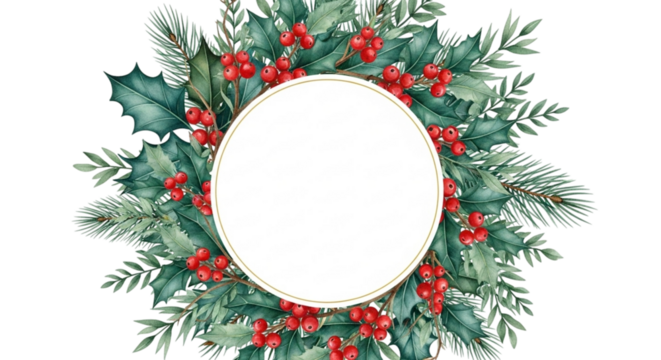 Watercolor christmas wreath frame with holly and pine branch decoration, perfect for holiday greeting card or winter celebration invitation, isolated on transparent background