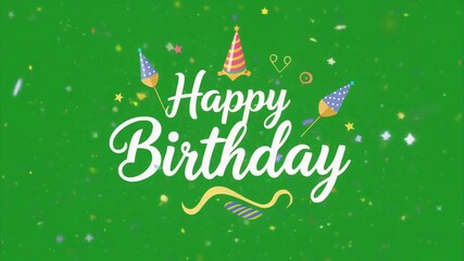 Festive Happy Birthday greeting typography with party hats, confetti, and poppers on a vibrant green screen background for celebrations