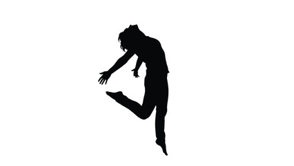 Dynamic silhouette vector illustration of a young man jumping or dancing in the air, expressing freedom, energy, and joy against a white background.