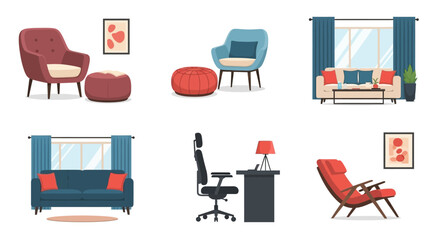 Collection of modern interior furniture pieces and decor items for home and office living spaces, showcasing a variety of styles in vector art