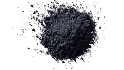 Fine dark powder disperses against a deep black background with glowing particles