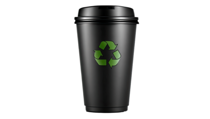 Sleek black disposable cup with prominent green recycling symbol