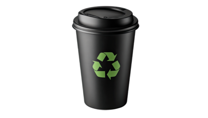 Black disposable cup with green recycling symbol