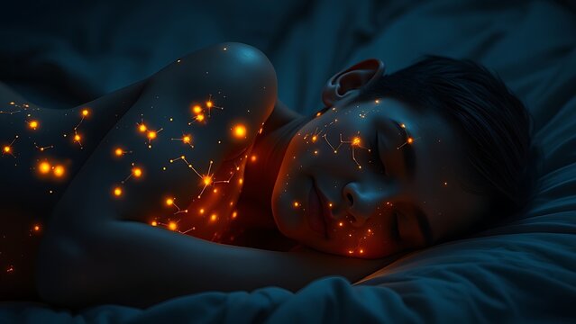 Sleeping figure with glowing mitochondria constellations beneath their skin.