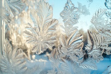 A serene winter scene with delicate ice formations on a window, capturing the essence of frost and tranquility.