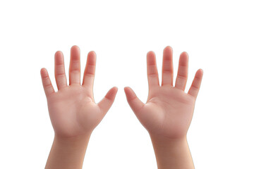 Two light-skinned child hands, palms open and facing forward against black background