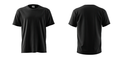 Two black t-shirts, front and back views, displayed on black background
