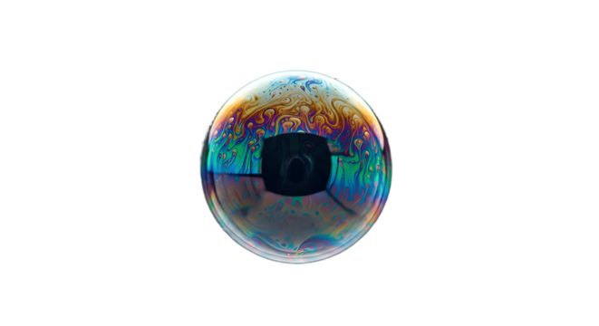 Iridescent soap bubble macro photography on black background with rainbow colors effect on transparent background